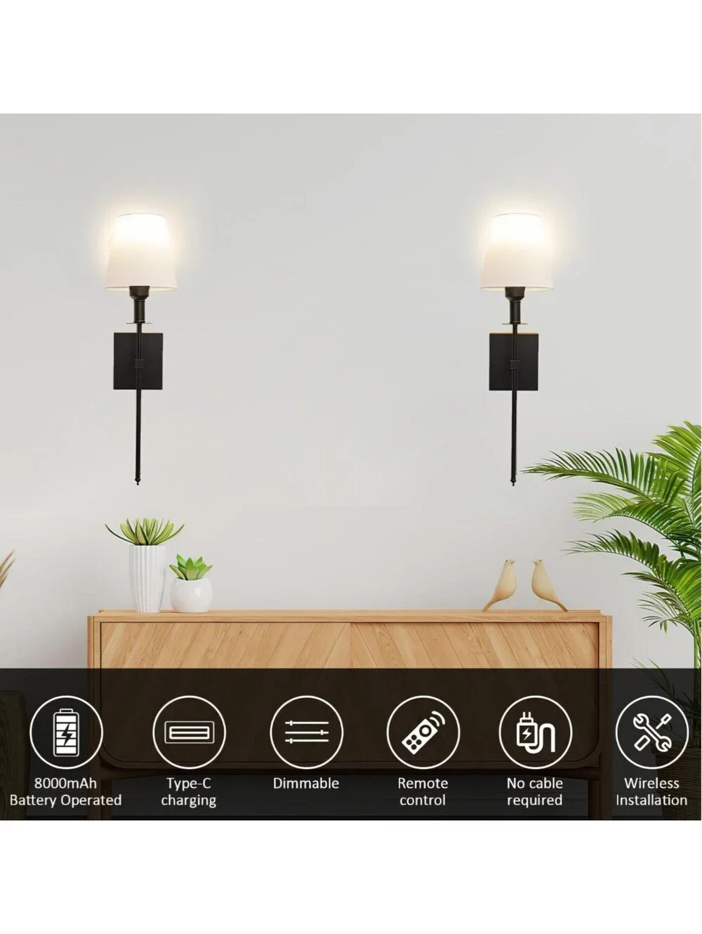 Battery Operated Wall Sconces Set of 2 Remote Control Dimmable Black 25 in New
